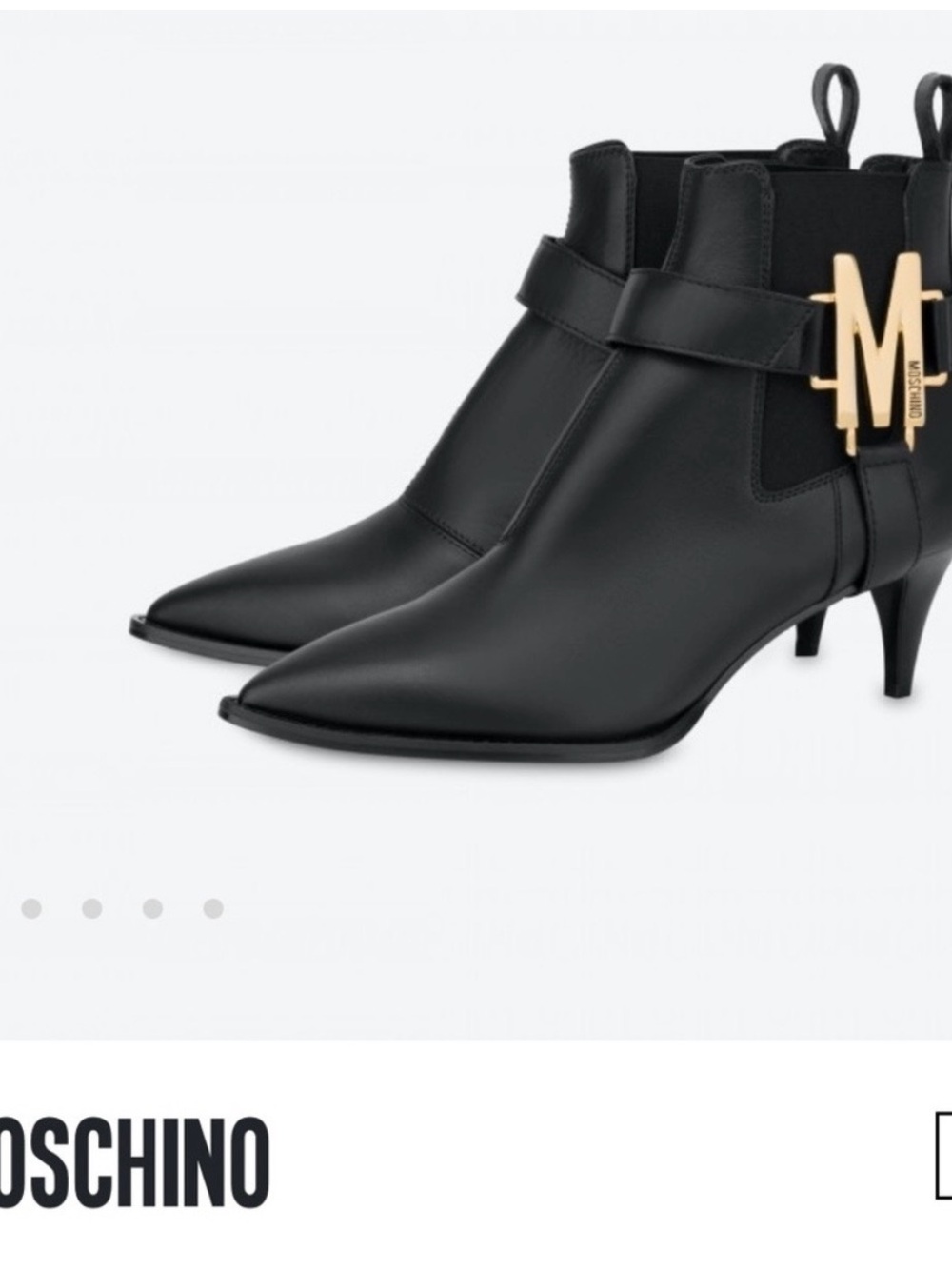 Moschino Black Leather Pointed Ankle Booties with Gold M Hardware